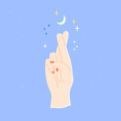 Magic female hand with crossed fingers. Stars, spots and moon. Woman's manicure. Cartoon style. Abstract hand drawn colorful trendy vector illustration. Print idea. Fit for social media or bloggers.