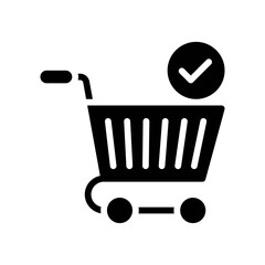 supper market or online shopping related shopping trolly with handle and tick mark vector in solid design,
