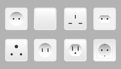 Set of realistic switches and sockets of various type isolated. Power electrical socket electricity turn off and on plug realistic pictures.