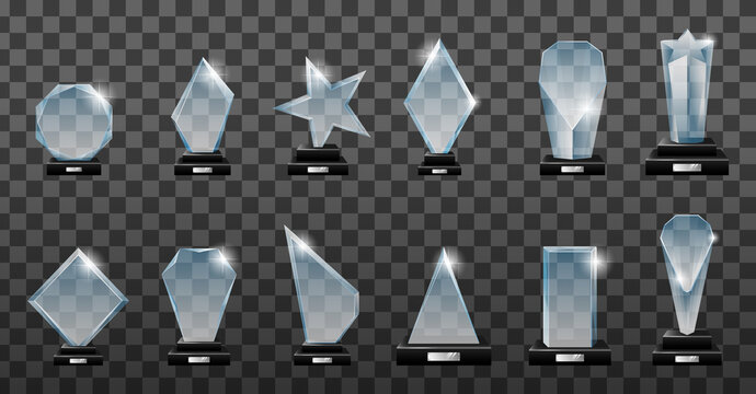 Glass awards. Realistic transparent winner trophy, acrylic stars cups and competition prizes. Realistic crystal and glass sports trophies, memorial and recognition gifts.