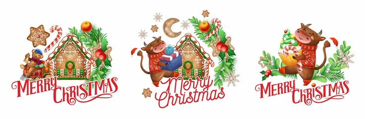 Raster Christmas illustration. Symbol of the year 2021. Cartoon bulls. New year's animals. Funny bulls in Christmas sweaters with gifts. Christmas card. Holiday compositions. Decorative element.