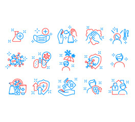 Flu and coronavirus icons set. Outline icons about virus prevention and symptoms. 