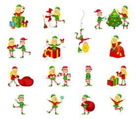 Christmas elf girls character. Santa Claus helpers cartoon, cute dwarf elves fun characters.  Happy New Year, Merry Xmas design element. Isolated. 