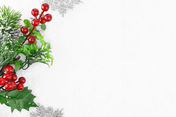 Obraz na płótnie Canvas Christmas background. Branch of a Christmas tree and snowflakes in the snow. Christmas and New Year concept. Banner. Copy space