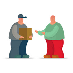 Delivery service. Courier with package and customer. Delivery service man with a box in his hands and happy client. Part of set. 