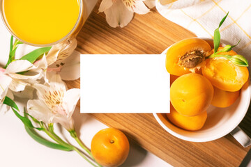 Business card template on fresh culinary background with apricot fruits and flowers. Visit card mock up for dessert master class or school. Presentation name card template. Space for text. High