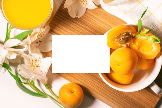 Business Card Template On Fresh Culinary Background With Apricot Fruits And Flowers. Visit Card Mock Up For Dessert Master Class Or School. Presentation Name Card Template. Space For Text. High