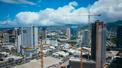 Aerial Luxury apartments by the sea under construction , Ward Centre / Ward Village.  Kakaako Honolulu, Oahu, Hawaii. 