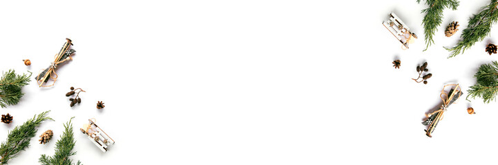 Creative winter composition on white background. Copy space.