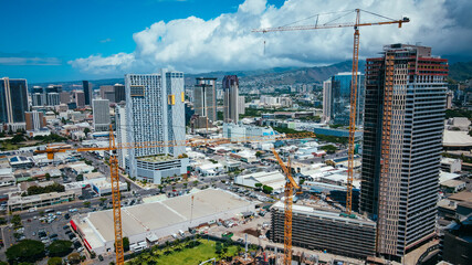 Aerial Luxury apartments by the sea under construction , Ward Centre / Ward Village.  Kakaako Honolulu, Oahu, Hawaii. 