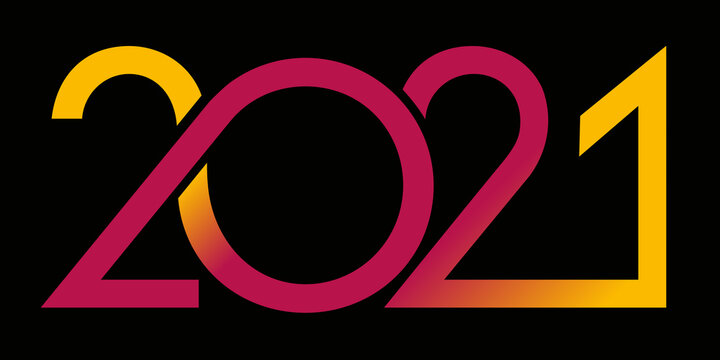 Carte de vœux au graphisme dynamique pour présenter l’année 2021 avec une succession de courbes de couleur rouge et jaune sur un fond noir.