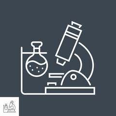 Medical research related vector thin line icon. Microscope and test flask. Isolated on black background. Editable stroke. Vector illustration.