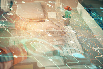 Businessman with computer background with technology theme hologram. Concept of big data. Double exposure.