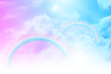 
The Rainbow sky is Colorful sky with Soft clouds and a rainbow crossing. Fantasy magical sunny sky pastel background is fluffy white cloud. Freedom wallpaper concept. Sweet color dream.