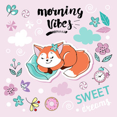 Cute fox is sleeping and the inscription morning vibes on a pink background