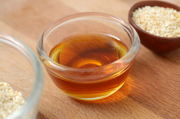 Cooking ingredient, Sesame oil in a glass bowl