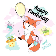 Beautiful fox in a balloon and inscription happy birthday