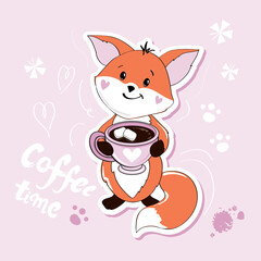 Cute fox holding a cup of coffee with marshmallows and the inscription Coffee Time on a pink background