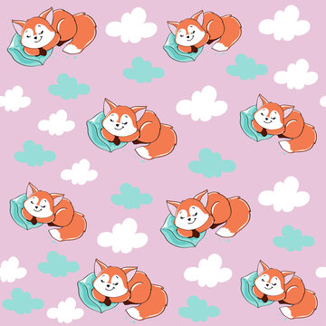 Cute fox is sleeping and clouds on pink background seamless pattern