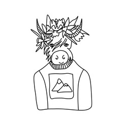 Vector illustration of a festive bull in doodle style.March picture of a bull symbol of the year 2021.Cow with black hand drawn line.Design for printing,calendar,coloring,cards,poster.