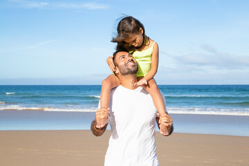 Cute little girl riding on dads neck. Father standing on beach by sea and holding daughters legs....