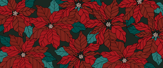 Christmas and new year background vector. Luxury Gold winter exotic botanical background with poinsettia flower design for textiles, wall art, fabric, wedding invitation, wallpaper and cover design.