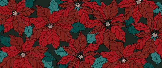 Fotobehang Christmas and new year background vector. Luxury Gold winter exotic botanical background with poinsettia flower design for textiles, wall art, fabric, wedding invitation, wallpaper and cover design. © TWINS DESIGN STUDIO