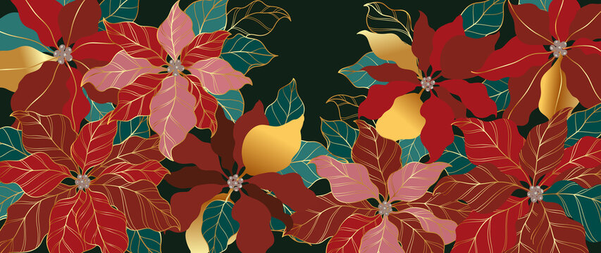 Christmas and new year background vector. Luxury Gold winter exotic botanical background with poinsettia flower design for textiles, wall art, fabric, wedding invitation, wallpaper and cover design.