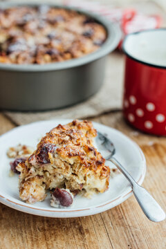 Food: Kirschenmichel, hessian bread pudding, with stale bread, milk,butter, eggs,lemon, almonds, cinnamon, sugar and cherries