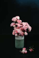 Floral background. Wild roses in a stone vase over dark background. Still Life Flowers. Nature.