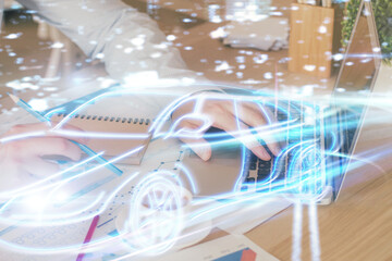 Automobile theme drawing with businessman working on computer on background. Autopilot taxi concept. Double exposure.