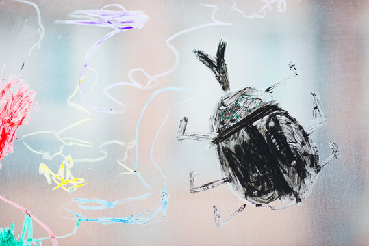 Colorful beetle drawing on glass of window