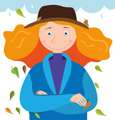 Young woman in a hat and autumn jacket on a background of falling leaves and raindrops