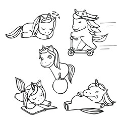 five unicorn set in line