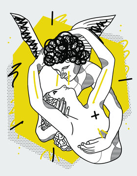 Creative geometric yellow style. Cupids kiss sculpture. 