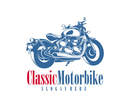 Motorcycle monochrome emblems, logo and motorbike badges with descriptions of custom bikes, classic garage. vector illustration
