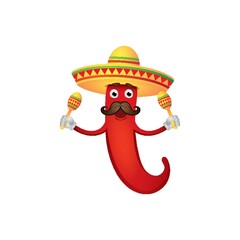 chili pepper with sombrero hat and maracas