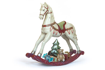 Fototapeta na wymiar Toy of white horse rocking isolated on the white background.