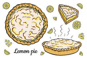 Illustration of lemon pie in different forms. Color image isolated on white background.