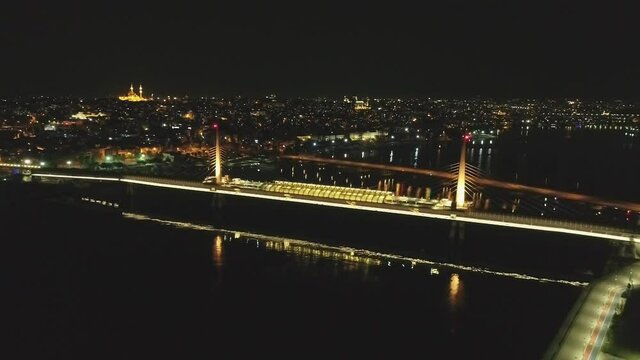 Istanbul, Golden Horn, Halic at night aerial view