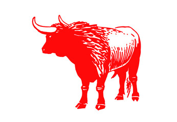 Vector red silhouette of ox isolated on white background, symbol of new year 