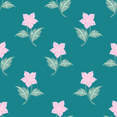 Seamless pattern of simple pink flowers on a stem with leaves on a dark green background. Vector illustration for festive design, packaging, wallpaper, fabric, textile, stationery, accessories.