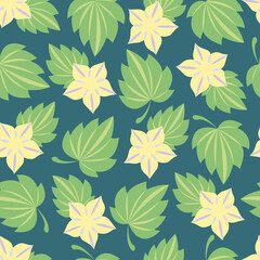 Seamless pattern of yellow flowers in the form of stars with leaves on a dark green background.