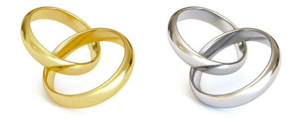 Wedding rings set of gold and silver metal isolated on white background,love concept. 3d rendering
