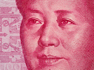 Mao Zedong on chinese hundred yuan banknote macro, red color, China money closeup
