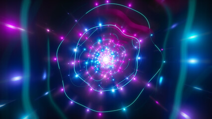 Space travel concept, neon tunnel, abstract bright creative space background, speed of light,, space, portal, virtual reality, pink blue spectrum bright colors. 3d rendering
