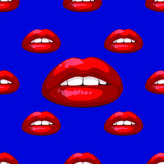 Colorful lips seamless pattern, pop art background, vector illustration, lipstick kiss. Fashion wallpaper texture.