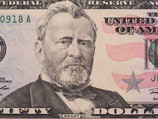 Fifty dollar bill macro, 50usd, president Ulysses Grant portrait, united states money closeup