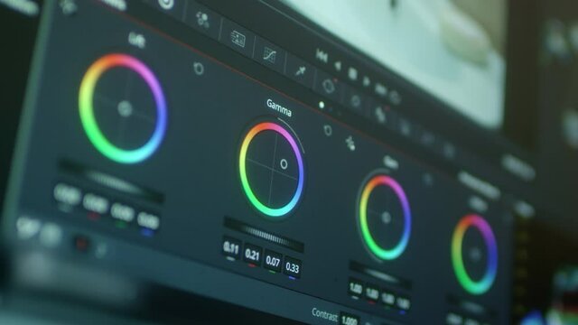 4K Color Correction Post Production video or photo in Progress Closeup. A program for video processing, color correction. Color rings, macro.