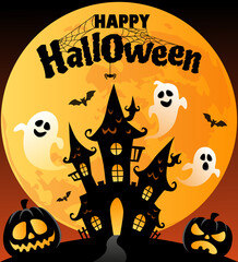 Happy Halloween. Background with black castle, moon, pumpkins, ghosts, bats, spider and web
